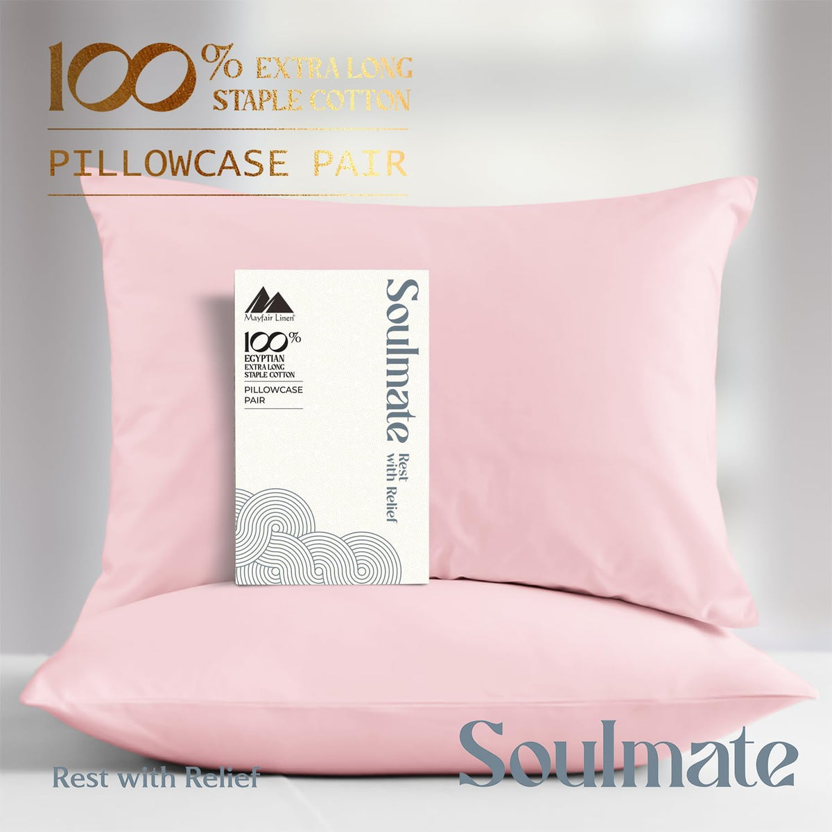 100% Egyptian Cotton Pillow Cases Queen Size Set of 2 - Luxury 500 Series Soulmate Collection Cotton Pillowcases (Blush), Silky Soft, Cooling & Breathable Standard Size Pillow Case