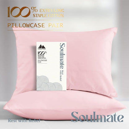 100% Egyptian Cotton Pillow Cases Queen Size Set of 2 - Luxury 500 Series Soulmate Collection Cotton Pillowcases (Blush), Silky Soft, Cooling & Breathable Standard Size Pillow Case