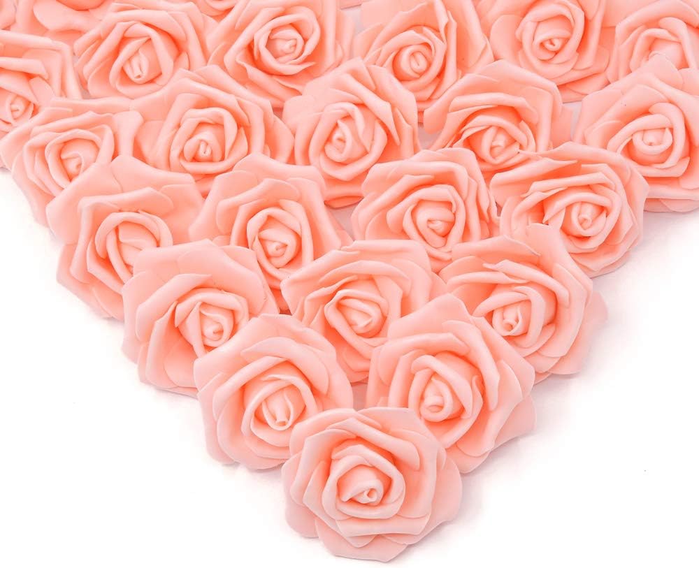 100 Pcs Artificial Rose Flower Heads Real Looking Blush Peach Foam Fake Roses Bulk for DIY Wedding Baby Shower Centerpieces Arrangements Party Tables Home Decorations (Peach, Stemless)