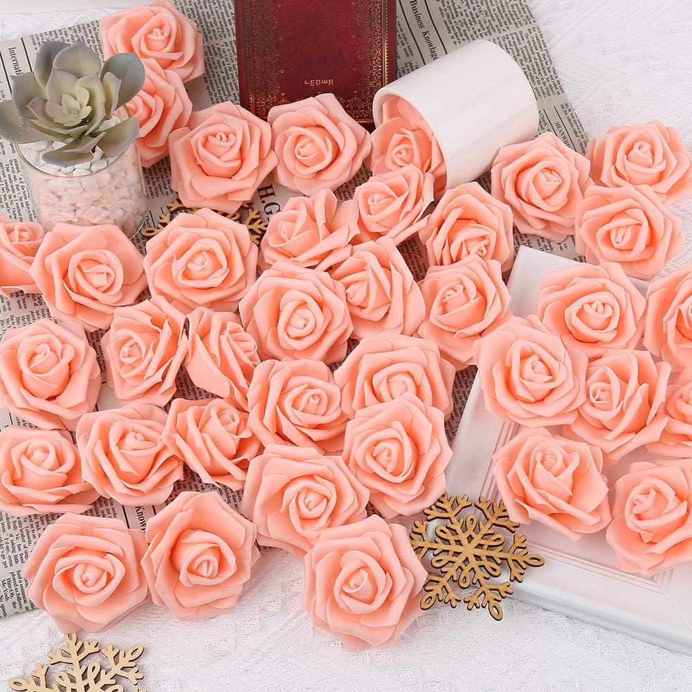 100 Pcs Artificial Rose Flower Heads Real Looking Blush Peach Foam Fake Roses Bulk for DIY Wedding Baby Shower Centerpieces Arrangements Party Tables Home Decorations (Peach, Stemless)