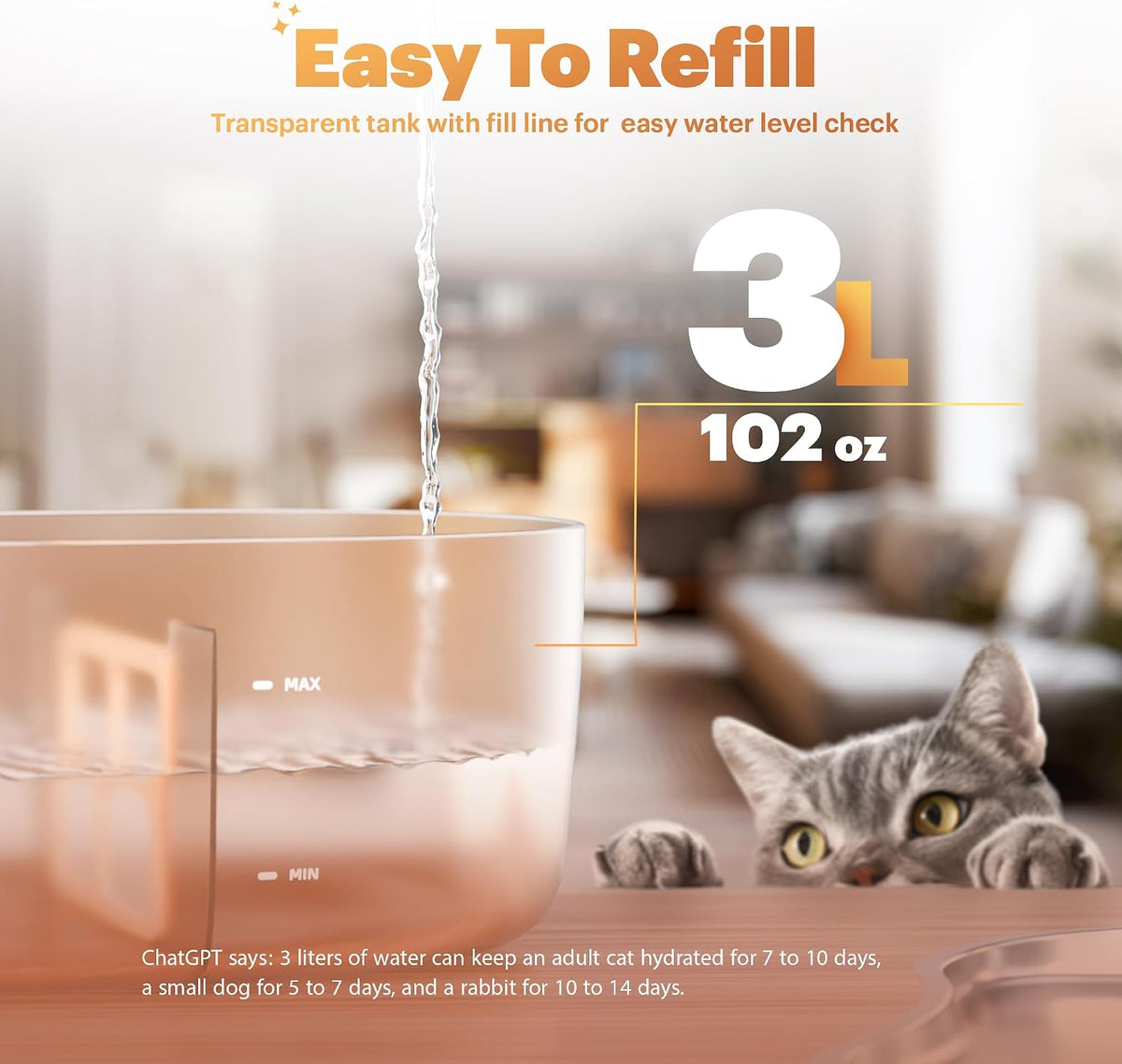 Cat Water Fountain Pumpless, Pet Fountain for Cats Indoor, 3L/102oz, Automatic Cat Water Dispenser, Stainless Steel Tray, Battery Operated Cordless with Motion Sensor