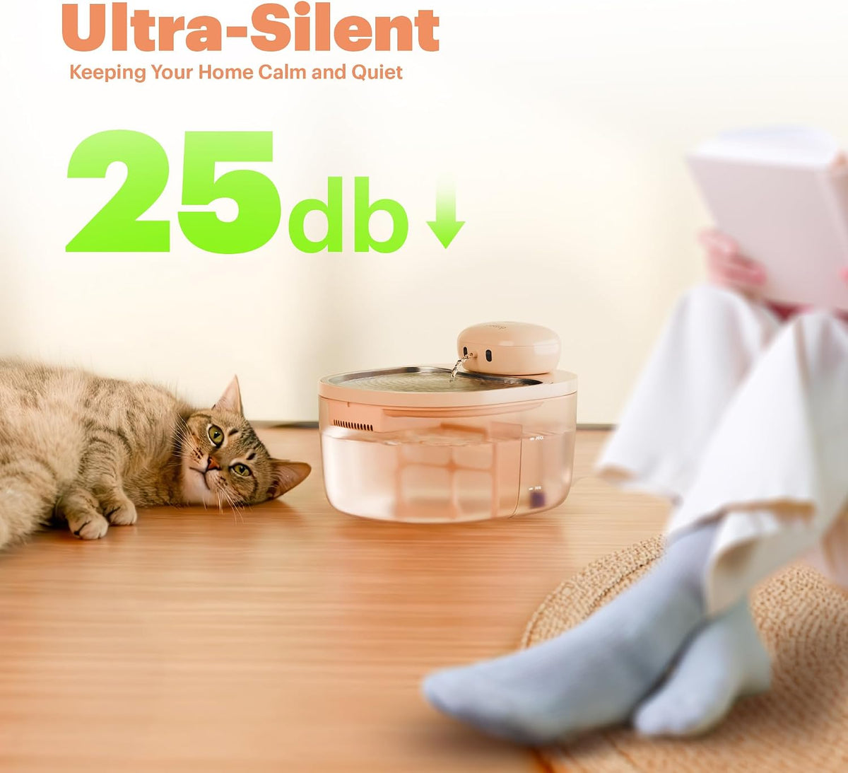 Cat Water Fountain Pumpless, Pet Fountain for Cats Indoor, 3L/102oz, Automatic Cat Water Dispenser, Stainless Steel Tray, Battery Operated Cordless with Motion Sensor