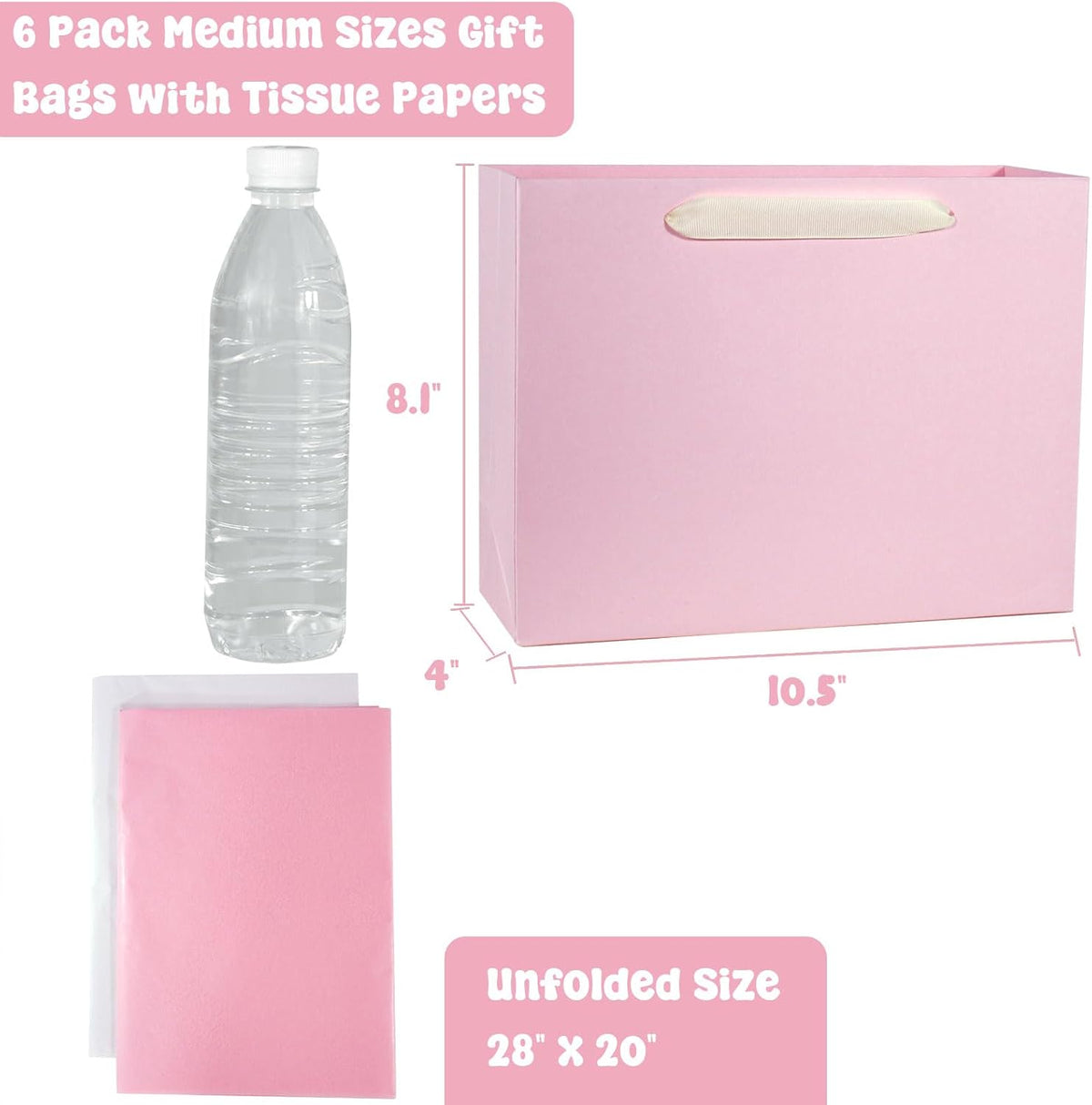 Padiaet 6 Pack Medium 10.5"x4"x8.1" Pink with Tissue Papers, Kraft Shopping Bags with Ribbon Handles, Retail Wrapping Set for All Occasions