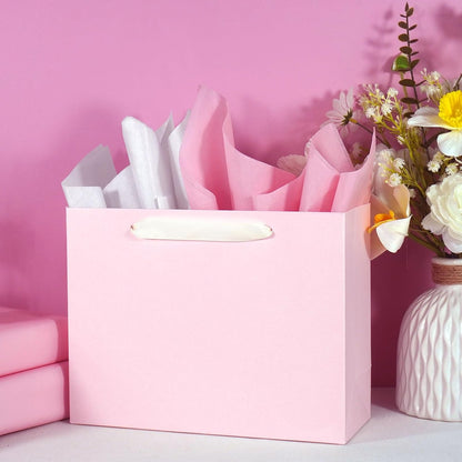 Padiaet 6 Pack Medium 10.5"x4"x8.1" Pink with Tissue Papers, Kraft Shopping Bags with Ribbon Handles, Retail Wrapping Set for All Occasions