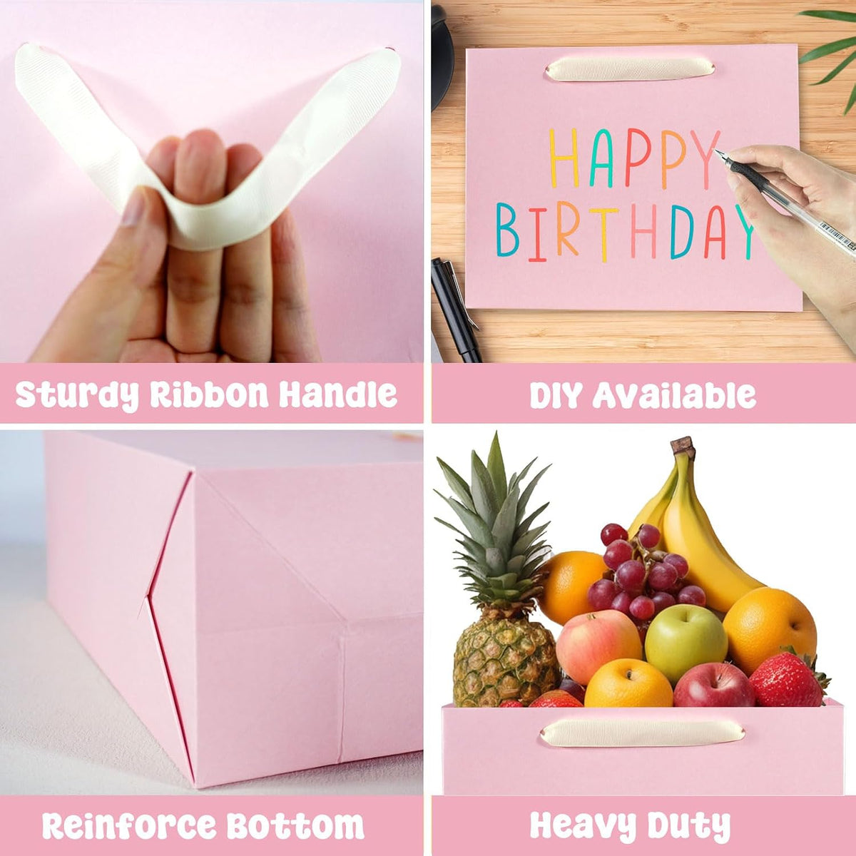 Padiaet 6 Pack Medium 10.5"x4"x8.1" Pink with Tissue Papers, Kraft Shopping Bags with Ribbon Handles, Retail Wrapping Set for All Occasions