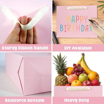 Padiaet 6 Pack Medium 10.5"x4"x8.1" Pink with Tissue Papers, Kraft Shopping Bags with Ribbon Handles, Retail Wrapping Set for All Occasions