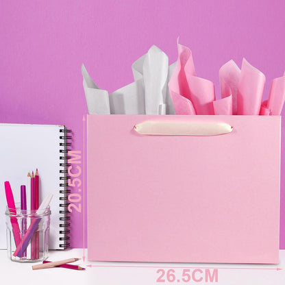 Padiaet 6 Pack Medium 10.5"x4"x8.1" Pink with Tissue Papers, Kraft Shopping Bags with Ribbon Handles, Retail Wrapping Set for All Occasions