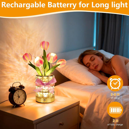 Handmade Flower Lamp,Rechargeable Cordless Touch Table Lamp,3-Colour Infinitely Dimming Small Night Light,Festival Restaurant Bedroom Bar Coffee Shop Birthday Gifts for Women Mom, Tulip Flower
