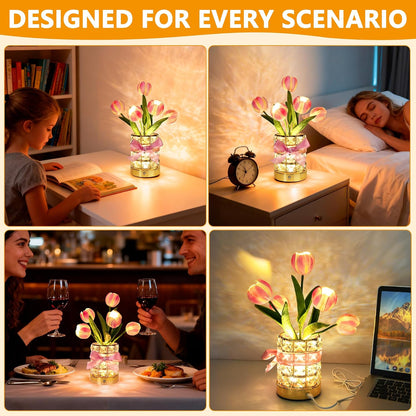 Handmade Flower Lamp,Rechargeable Cordless Touch Table Lamp,3-Colour Infinitely Dimming Small Night Light,Festival Restaurant Bedroom Bar Coffee Shop Birthday Gifts for Women Mom, Tulip Flower