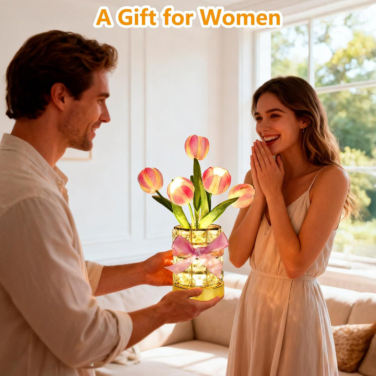 Handmade Flower Lamp,Rechargeable Cordless Touch Table Lamp,3-Colour Infinitely Dimming Small Night Light,Festival Restaurant Bedroom Bar Coffee Shop Birthday Gifts for Women Mom, Tulip Flower
