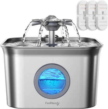 Stainless Steel Cat Water Fountain, 2.8L with 20dB Ultra-Quiet Pump- Ideal for Timid Pets, LED Water Level Window, Dishwasher Safe, 24/7 Circulation- Includes 3 Replacement Filters