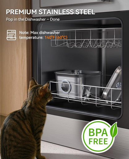 Stainless Steel Cat Water Fountain, 2.8L with 20dB Ultra-Quiet Pump- Ideal for Timid Pets, LED Water Level Window, Dishwasher Safe, 24/7 Circulation- Includes 3 Replacement Filters