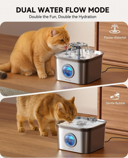 Stainless Steel Cat Water Fountain, 2.8L with 20dB Ultra-Quiet Pump- Ideal for Timid Pets, LED Water Level Window, Dishwasher Safe, 24/7 Circulation- Includes 3 Replacement Filters