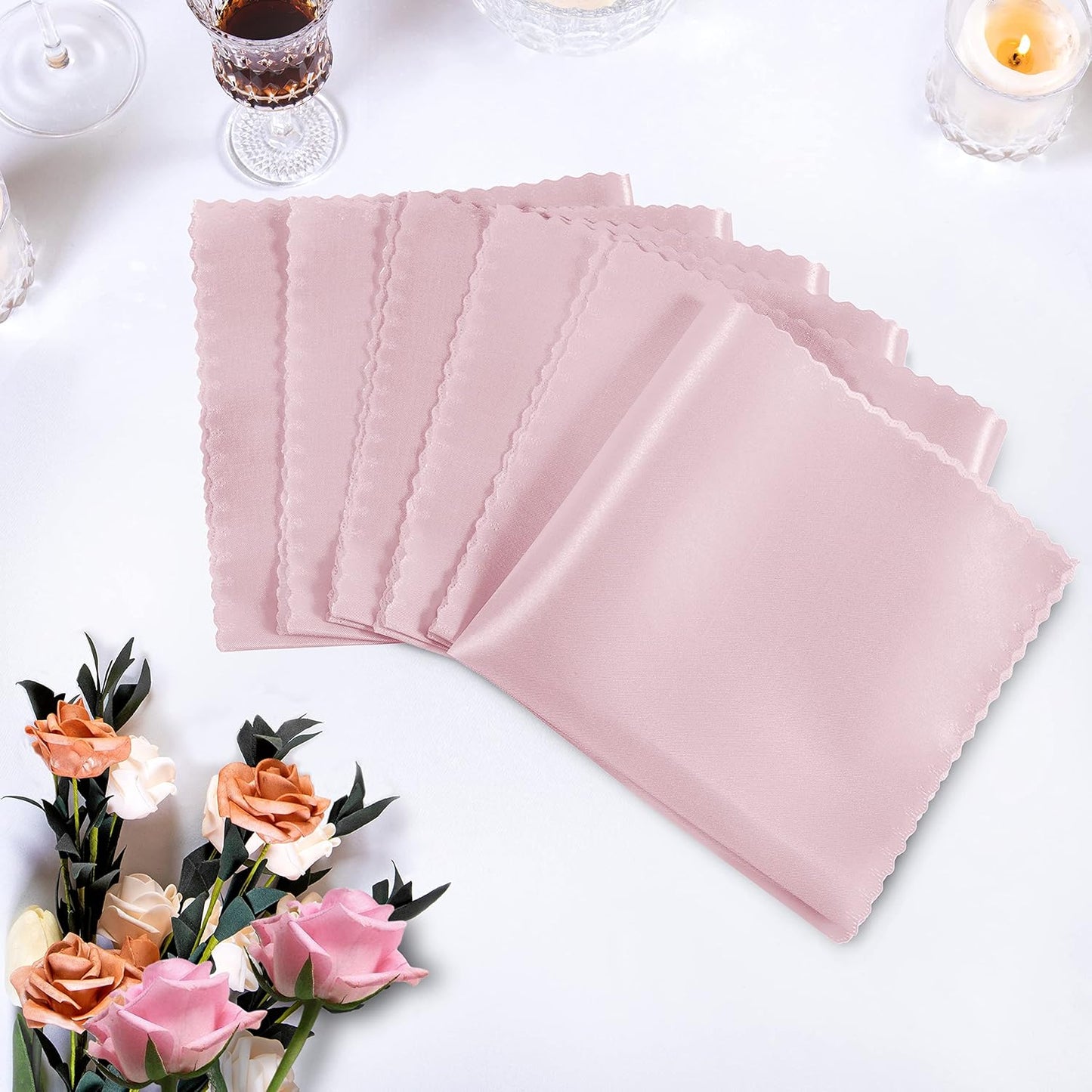 Manyshofu 20 Pieces Light Pink Satin Scalloped Napkins - 18x18 Inches Cloth Napkins, Square Satin Fabric Napkin Set - Elegant & Smooth Table Napkins for Wedding Dinner Party Banquet Restaurant