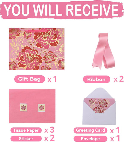 16.5" Extra Large Rose Pink Gift Bag Set with Greeting Card and Tissue Paper(Foil Traced Flowers) for Celebrating Birthdays, Mother's Day, Valentine's Day, Weddings, Anniversary - 16.5”x5.5”x12.6”, 1 Pcs.