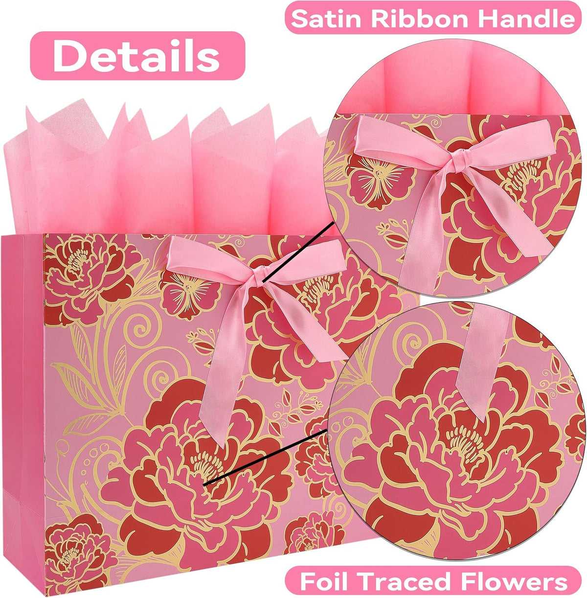16.5" Extra Large Rose Pink Gift Bag Set with Greeting Card and Tissue Paper(Foil Traced Flowers) for Celebrating Birthdays, Mother's Day, Valentine's Day, Weddings, Anniversary - 16.5”x5.5”x12.6”, 1 Pcs.