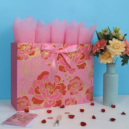16.5" Extra Large Rose Pink Gift Bag Set with Greeting Card and Tissue Paper(Foil Traced Flowers) for Celebrating Birthdays, Mother's Day, Valentine's Day, Weddings, Anniversary - 16.5”x5.5”x12.6”, 1 Pcs.