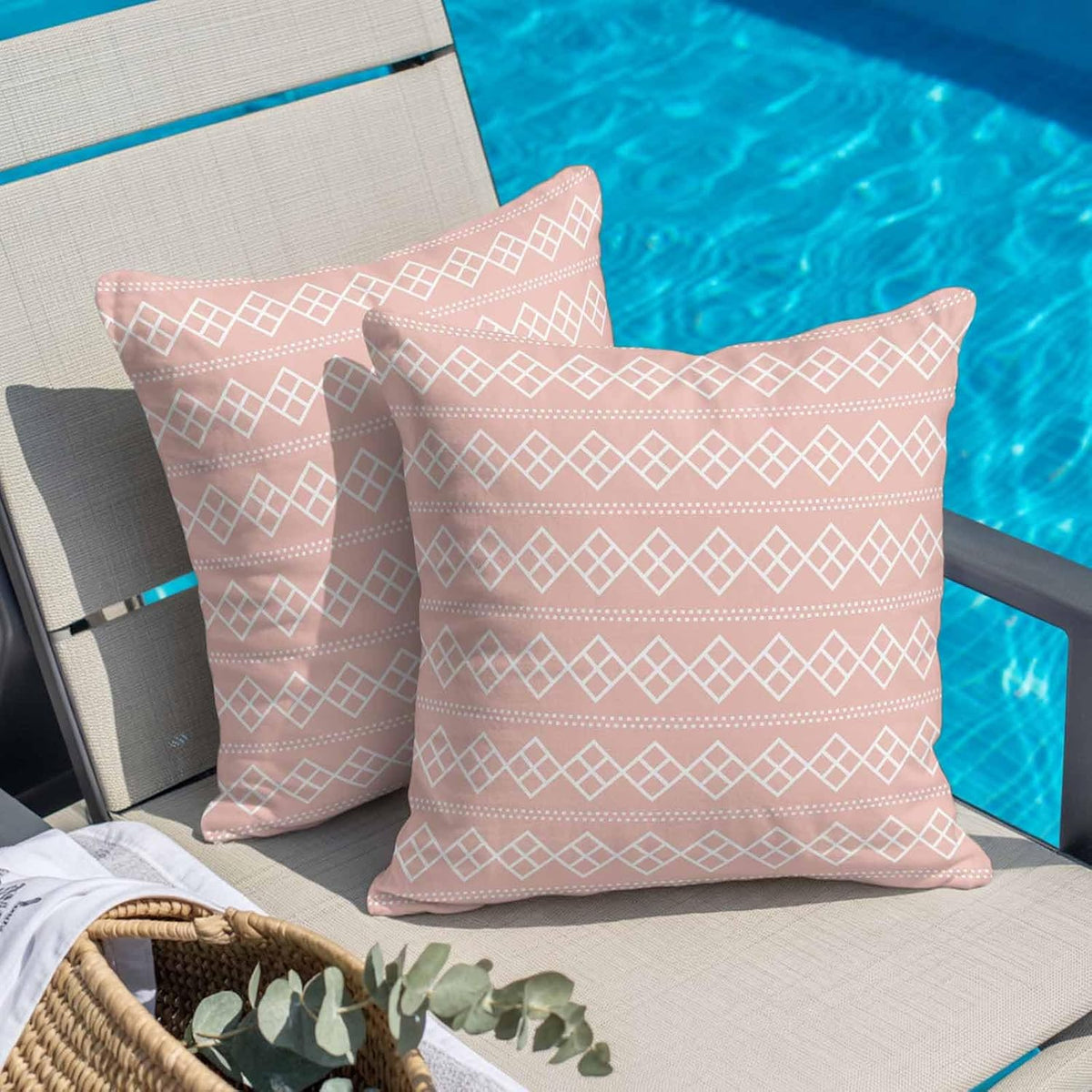 Peach Pink Checkered Throw Pillow Cover Abstract White Geometric Argyle Stripe Cotton Linen Cushion Cover Throw Pillow Case with Invisible Zipper for Couch Sofa Bed Chair Car 26x26 Inch