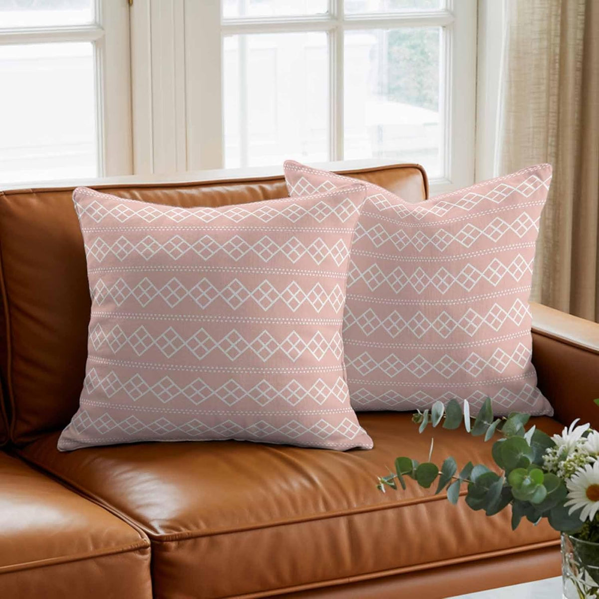 Peach Pink Checkered Throw Pillow Cover Abstract White Geometric Argyle Stripe Cotton Linen Cushion Cover Throw Pillow Case with Invisible Zipper for Couch Sofa Bed Chair Car 26x26 Inch