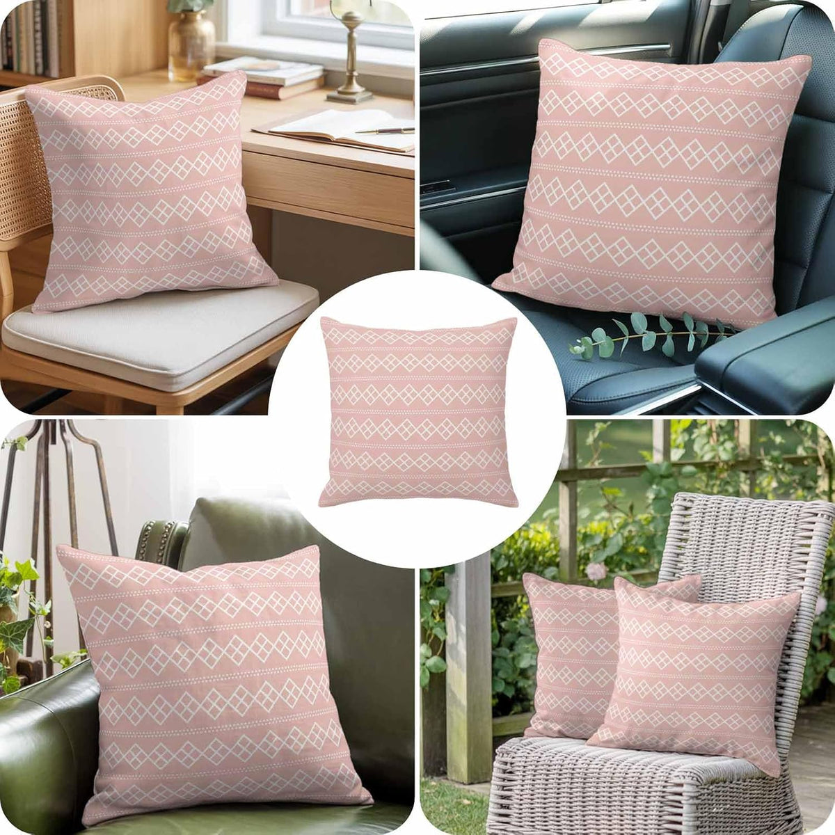 Peach Pink Checkered Throw Pillow Cover Abstract White Geometric Argyle Stripe Cotton Linen Cushion Cover Throw Pillow Case with Invisible Zipper for Couch Sofa Bed Chair Car 26x26 Inch
