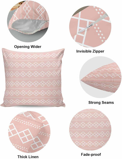 Peach Pink Checkered Throw Pillow Cover Abstract White Geometric Argyle Stripe Cotton Linen Cushion Cover Throw Pillow Case with Invisible Zipper for Couch Sofa Bed Chair Car 26x26 Inch