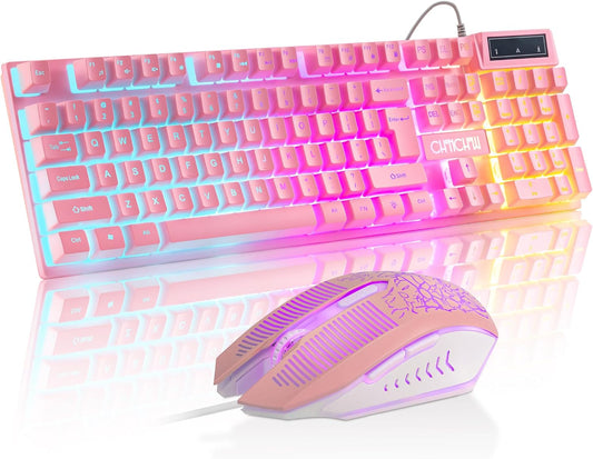 Wired Pink Gaming Keyboard and Mouse Combo with LED Backlit for PC Laptop