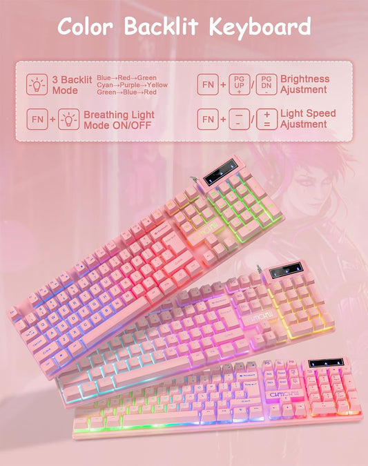 Wired Pink Gaming Keyboard and Mouse Combo with LED Backlit for PC Laptop