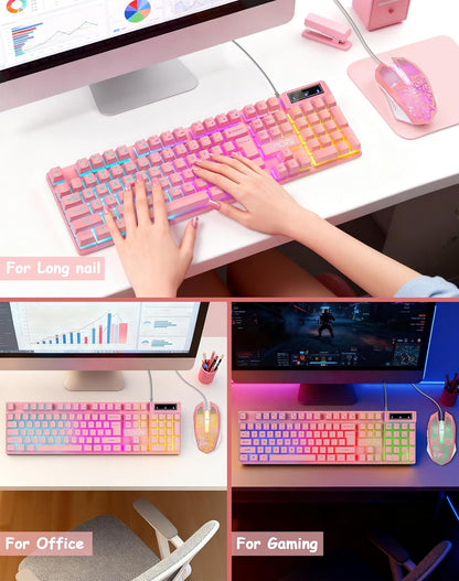 Wired Pink Gaming Keyboard and Mouse Combo with LED Backlit for PC Laptop