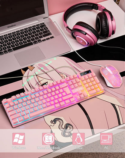 Wired Pink Gaming Keyboard and Mouse Combo with LED Backlit for PC Laptop