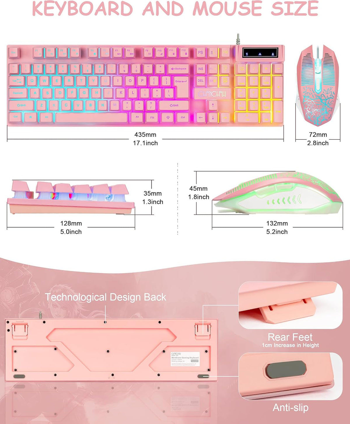 Wired Pink Gaming Keyboard and Mouse Combo with LED Backlit for PC Laptop
