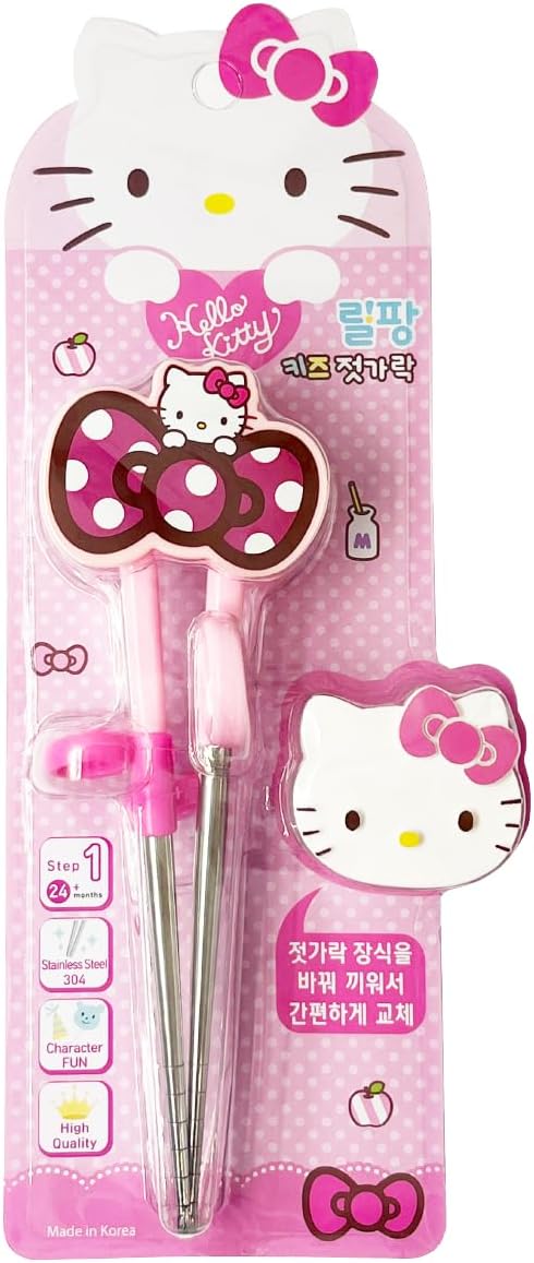 KULOSORY Kitty Change Stainless Steel Training Chopsticks for Right Hand, 1 step (Made in Korea), Small, Pink, HK6126