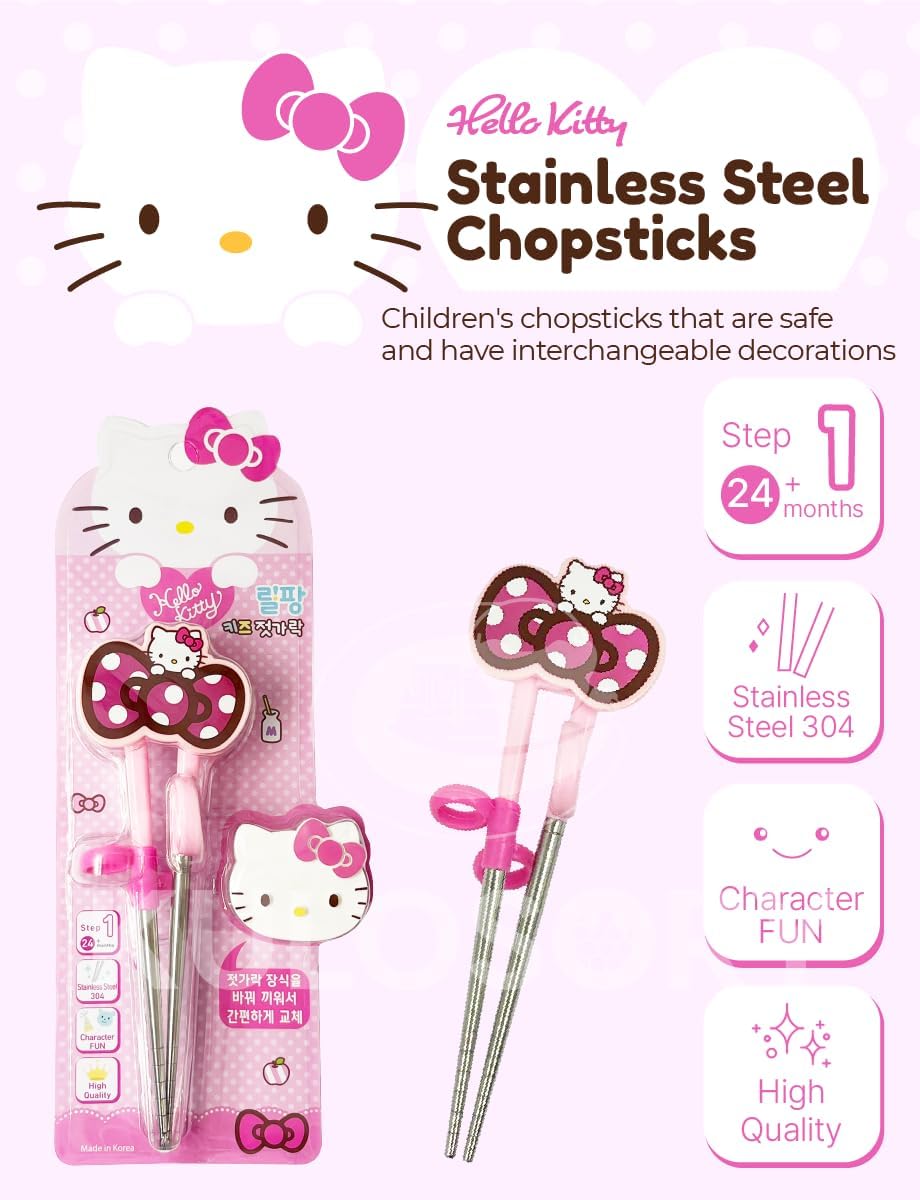 KULOSORY Kitty Change Stainless Steel Training Chopsticks for Right Hand, 1 step (Made in Korea), Small, Pink, HK6126