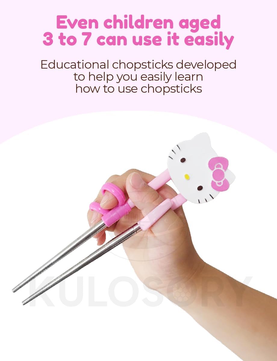 KULOSORY Kitty Change Stainless Steel Training Chopsticks for Right Hand, 1 step (Made in Korea), Small, Pink, HK6126