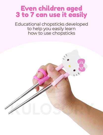 KULOSORY Kitty Change Stainless Steel Training Chopsticks for Right Hand, 1 step (Made in Korea), Small, Pink, HK6126