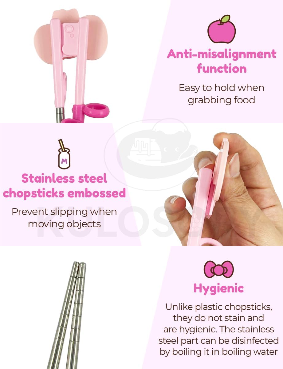 KULOSORY Kitty Change Stainless Steel Training Chopsticks for Right Hand, 1 step (Made in Korea), Small, Pink, HK6126