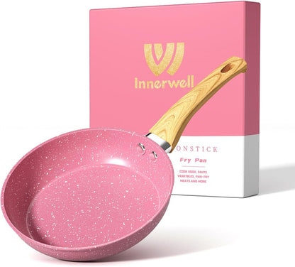 Frying Pan Nonstick, 9.5 Inch Pink Egg Pan, Non Stick Fry Pan 100% PTFE PFOA-Free Omelet Skillet Pan, Toxin-Free Skillets Stone Cookware, Anti-Warp Base with All Stove Tops, Induction Compatible