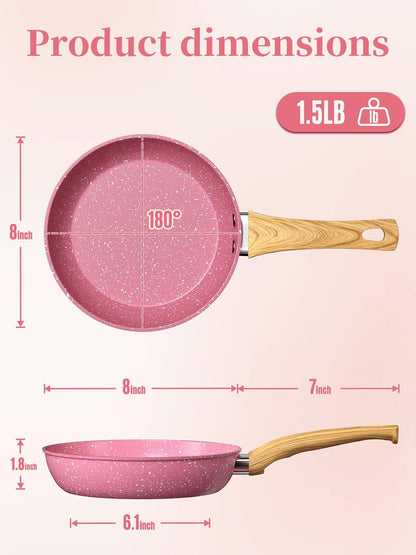 Frying Pan Nonstick, 9.5 Inch Pink Egg Pan, Non Stick Fry Pan 100% PTFE PFOA-Free Omelet Skillet Pan, Toxin-Free Skillets Stone Cookware, Anti-Warp Base with All Stove Tops, Induction Compatible