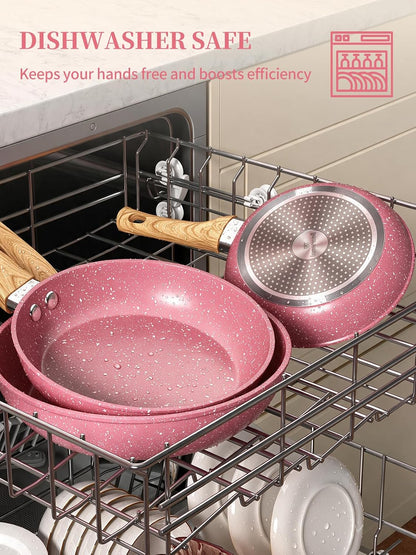Frying Pan Nonstick, 9.5 Inch Pink Egg Pan, Non Stick Fry Pan 100% PTFE PFOA-Free Omelet Skillet Pan, Toxin-Free Skillets Stone Cookware, Anti-Warp Base with All Stove Tops, Induction Compatible