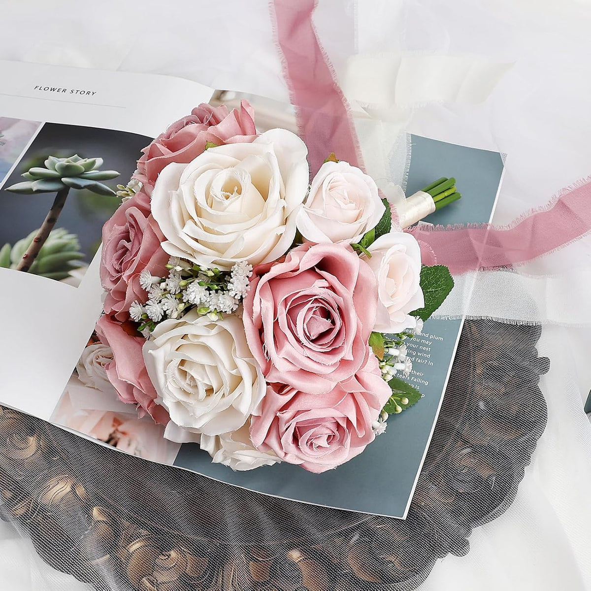 Dusty Pink & White Wedding Bouquet for Bride - Premade