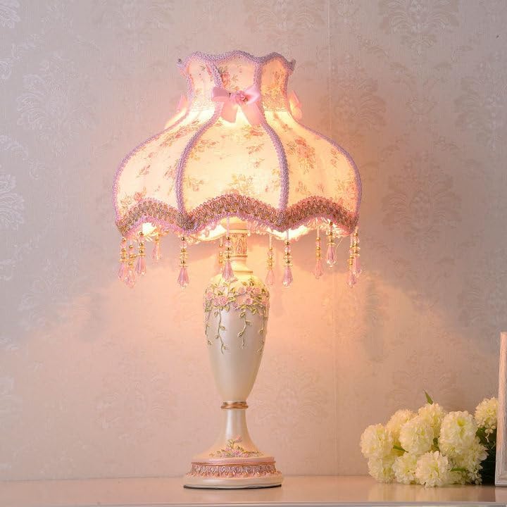 Vintage Pink Table Lamp, Princess Victorian Style Table Lamp with Lace,Bedside Lamps,Pleated Fabric Shade Desk Light,Antique Flower Night Light for Bedroom Living Room (Pink2)