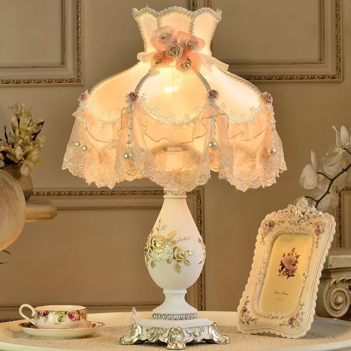 Vintage Pink Table Lamp, Princess Victorian Style Table Lamp with Lace,Bedside Lamps,Pleated Fabric Shade Desk Light,Antique Flower Night Light for Bedroom Living Room (Pink2)