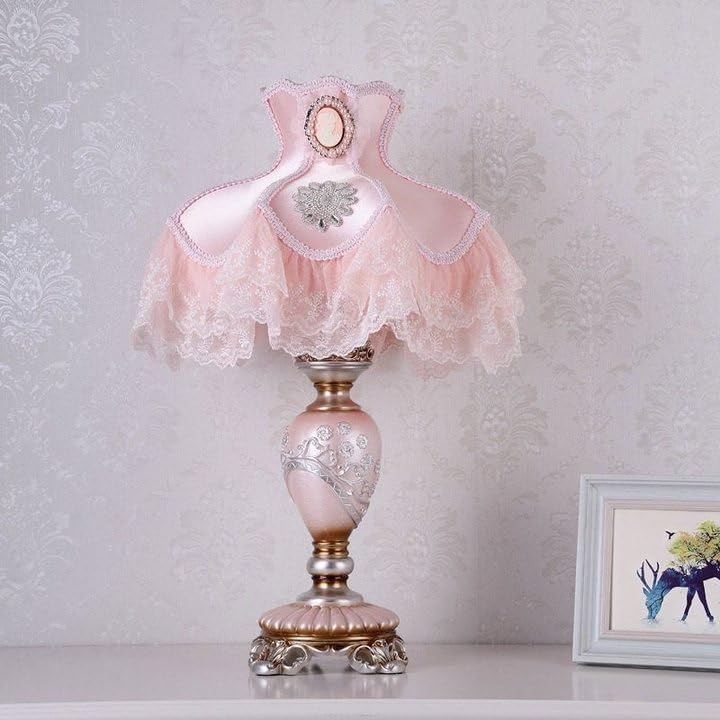 Vintage Pink Table Lamp, Princess Victorian Style Table Lamp with Lace,Bedside Lamps,Pleated Fabric Shade Desk Light,Antique Flower Night Light for Bedroom Living Room (Pink2)