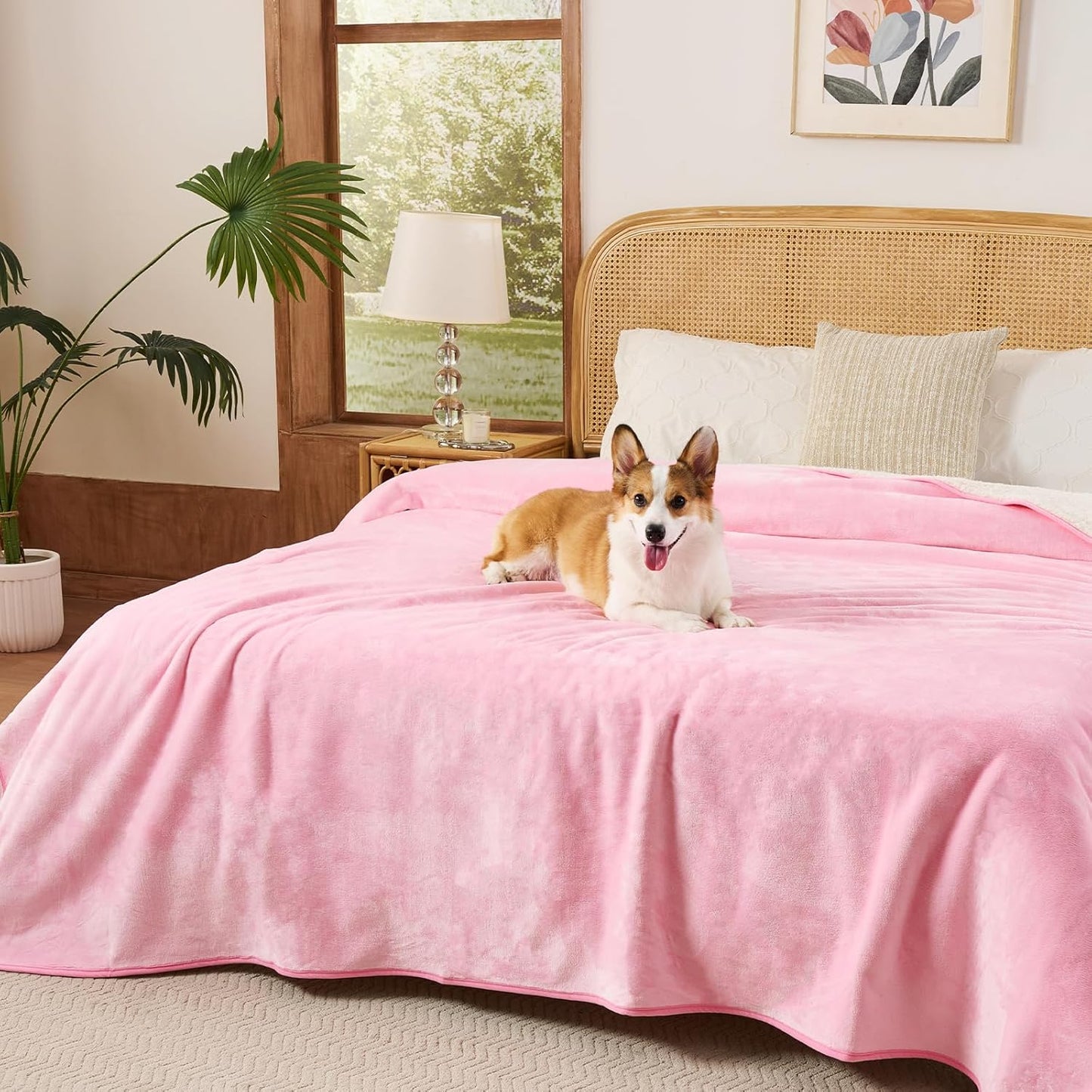 Waterproof Blanket for King Size Bed - 108"x86" Soft Reversible Sherpa Fleece Flannel Dog Blankets for Large Dogs, Pet Blanket for Bed, Couch, Soft Plush Furniture Protector, Pink