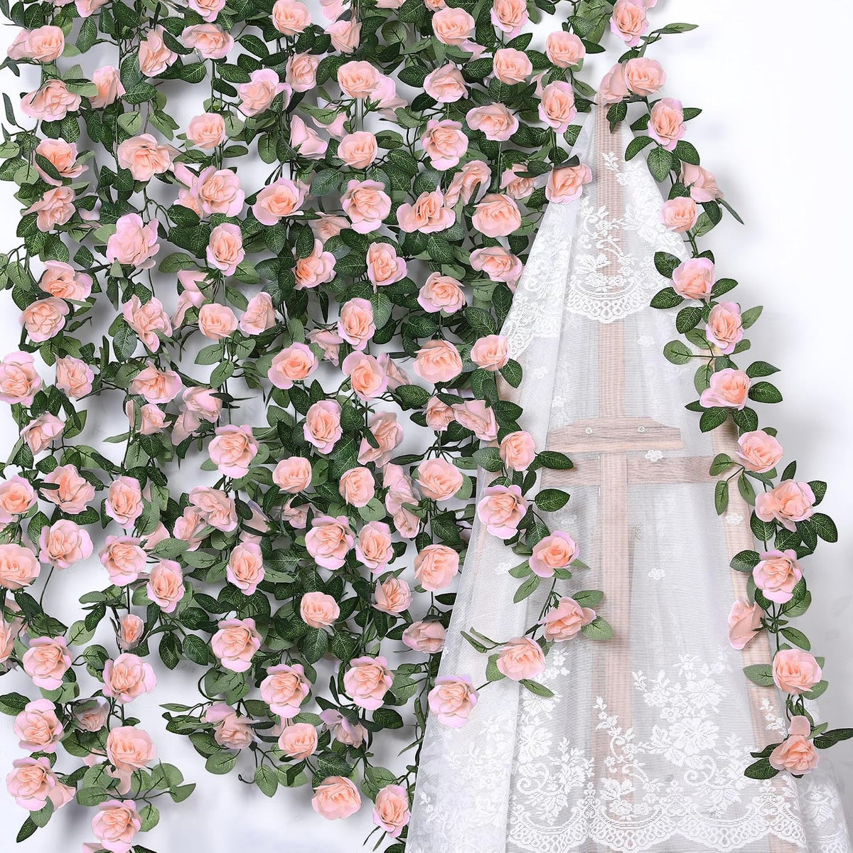8 Pack 64 FT Pink Flower Artificial Rose Vines Roses Fake Vine Flowers Plants Party Supplies for Holiday Wedding Garden Craft Art Decoration