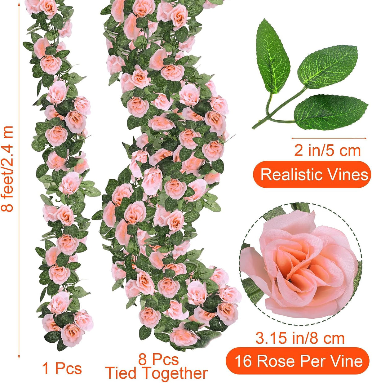 8 Pack 64 FT Pink Flower Artificial Rose Vines Roses Fake Vine Flowers Plants Party Supplies for Holiday Wedding Garden Craft Art Decoration
