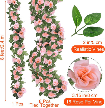 8 Pack 64 FT Pink Flower Artificial Rose Vines Roses Fake Vine Flowers Plants Party Supplies for Holiday Wedding Garden Craft Art Decoration