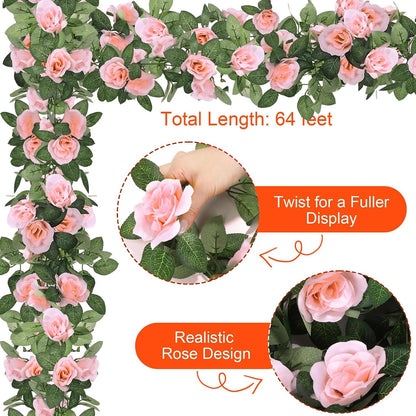 8 Pack 64 FT Pink Flower Artificial Rose Vines Roses Fake Vine Flowers Plants Party Supplies for Holiday Wedding Garden Craft Art Decoration