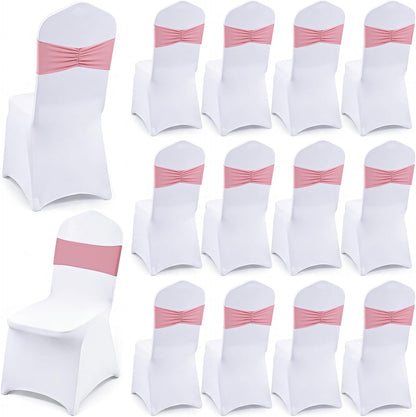 24 Pcs Folding Chair Cover Set with 12 White Spandex Stretch Slipcovers 12 Bows Chair Sashes Washable Chairs Protectors for Wedding Party Banquet Anniversary Events Dining Decor(Pink)