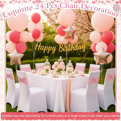 24 Pcs Folding Chair Cover Set with 12 White Spandex Stretch Slipcovers 12 Bows Chair Sashes Washable Chairs Protectors for Wedding Party Banquet Anniversary Events Dining Decor(Pink)