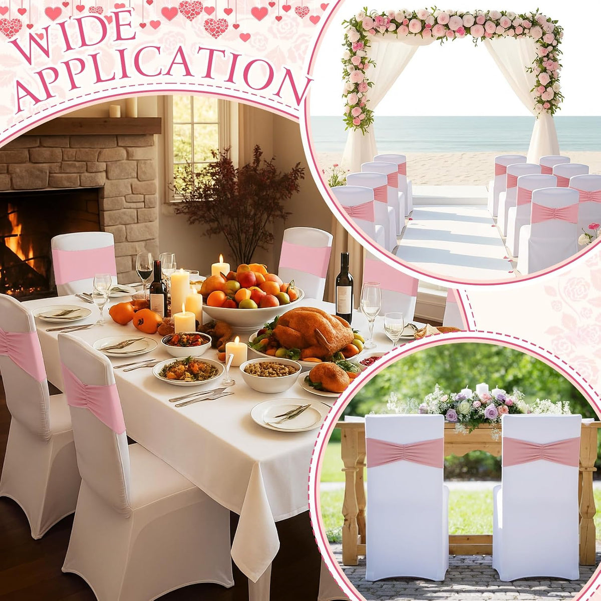 24 Pcs Folding Chair Cover Set with 12 White Spandex Stretch Slipcovers 12 Bows Chair Sashes Washable Chairs Protectors for Wedding Party Banquet Anniversary Events Dining Decor(Pink)